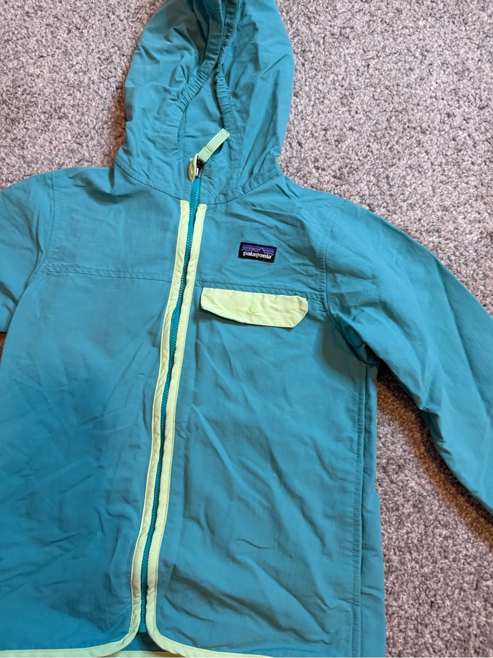 Patagonia Teal Hooded Jacket with Lime Accent